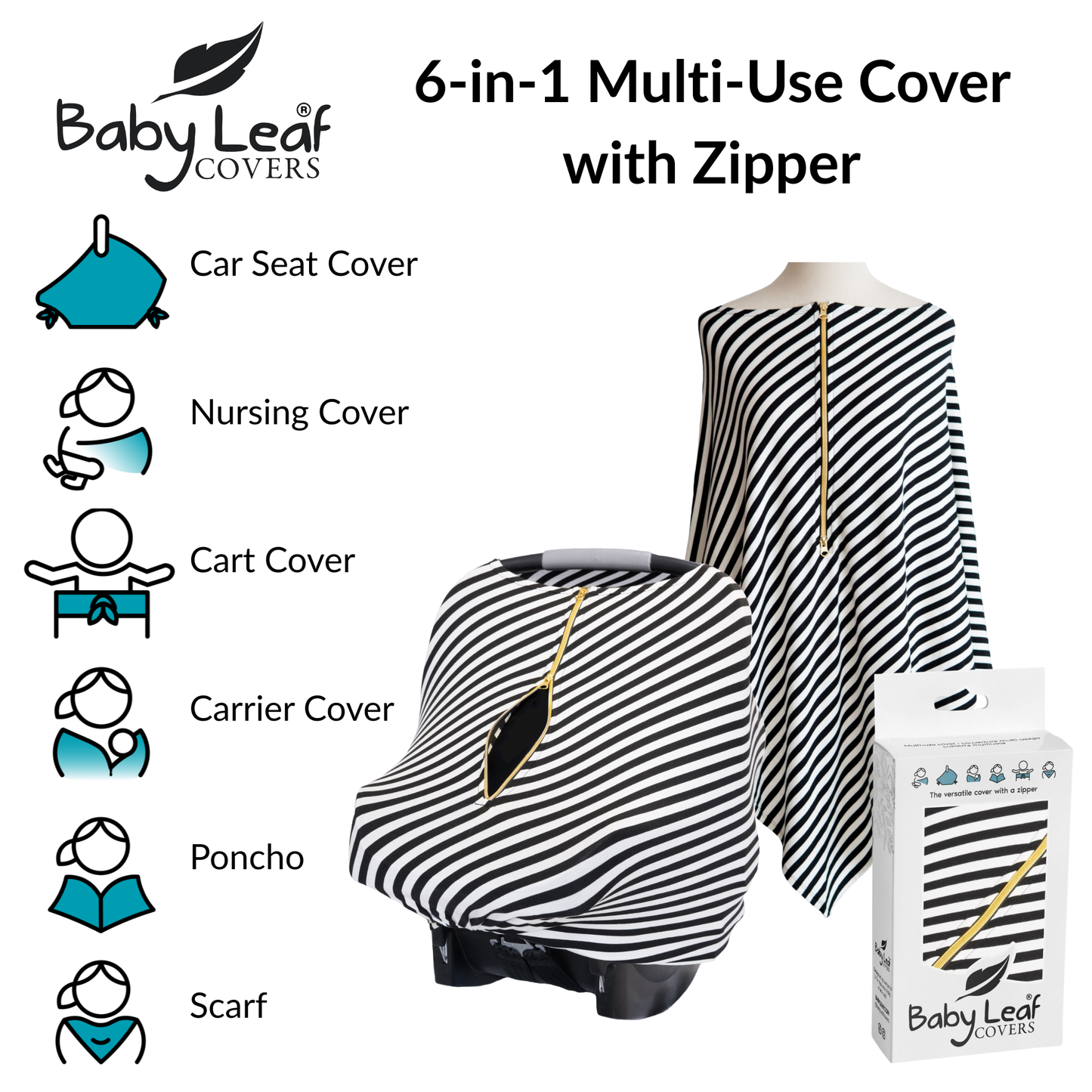 Black & White Baby Car Seat Cover with Zipper | Multi-Use Nursing Cover