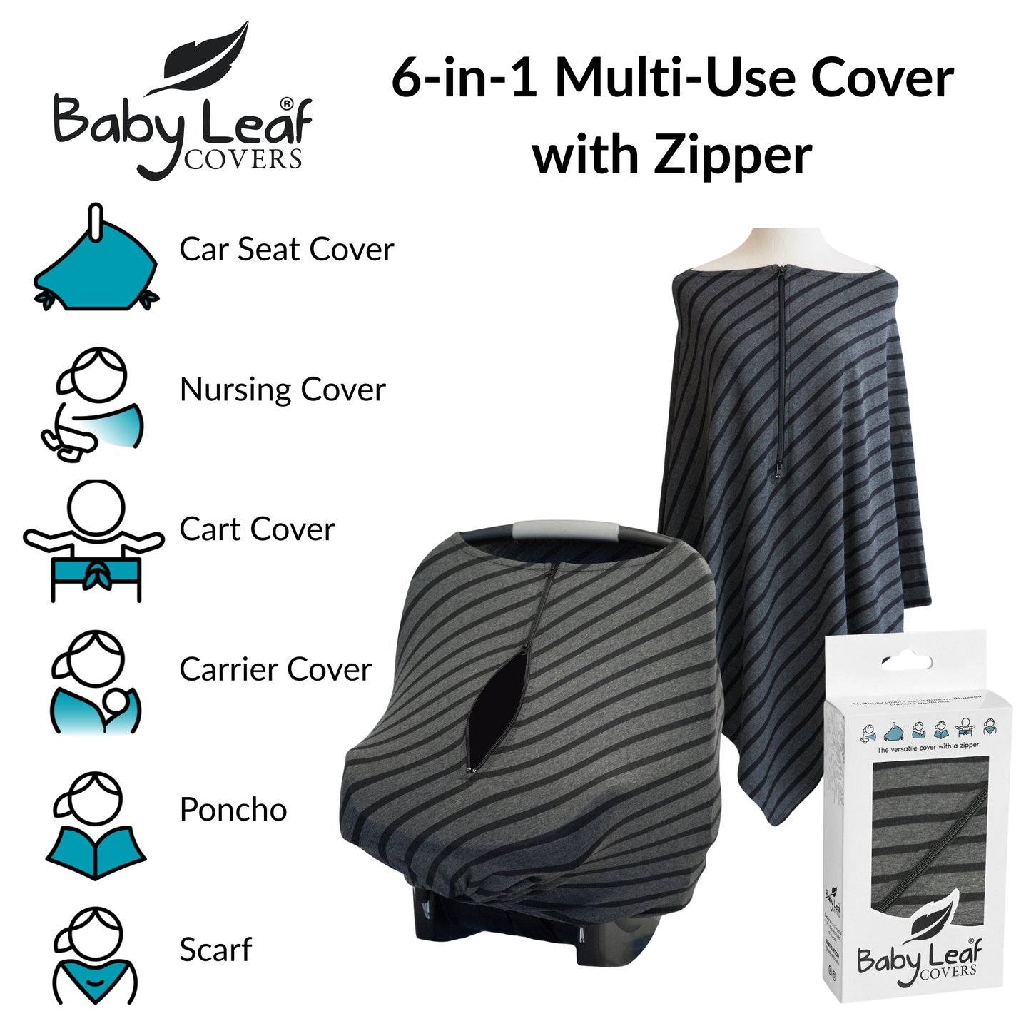 Black Stripe Baby Car Seat Cover with Zipper | Multi-Use Nursing Cover