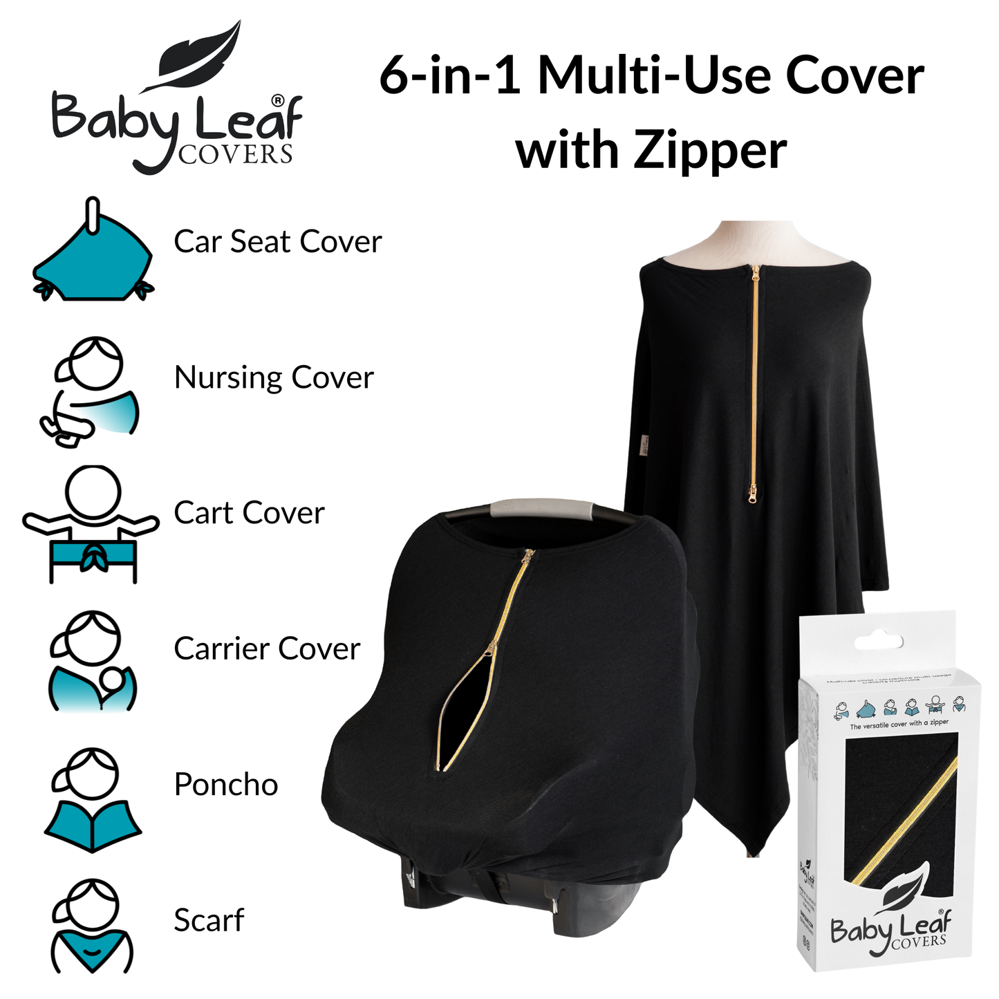 Jet Black Baby Car Seat Cover with Zipper | Multi-Use Nursing Cover