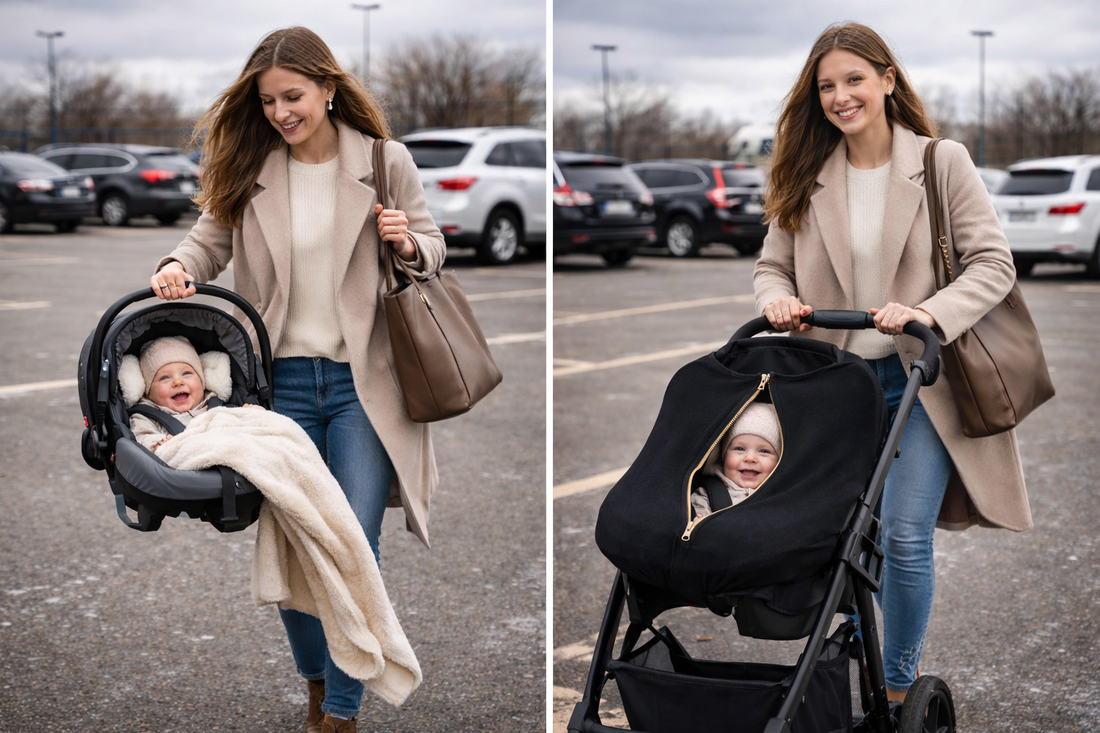 Mom pushing infant in carseat with cover protecting from wind