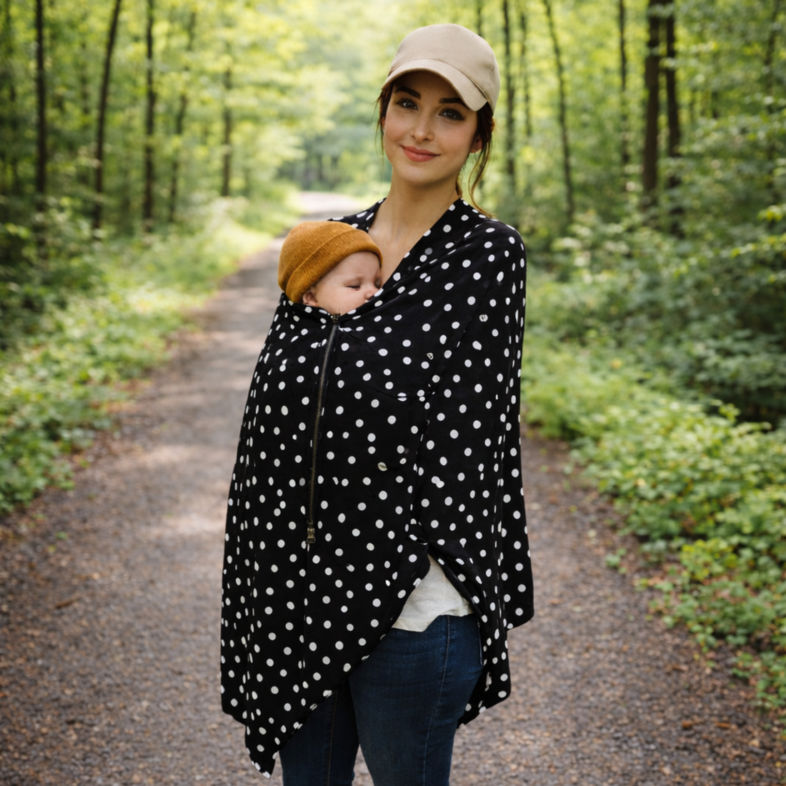 new mom with baby carrier outside for walk