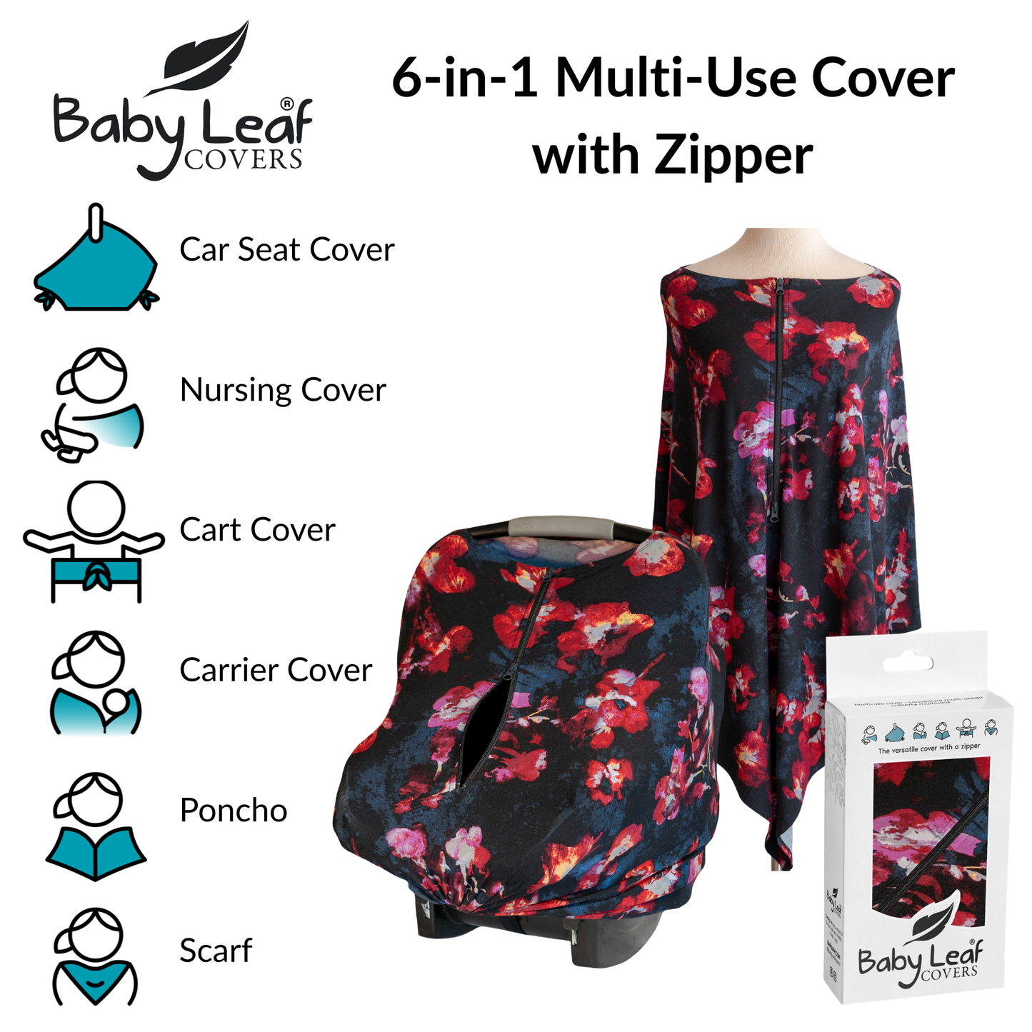 Midnight Bloom Baby Car Seat Cover with Zipper | Multi-Use Nursing Cover