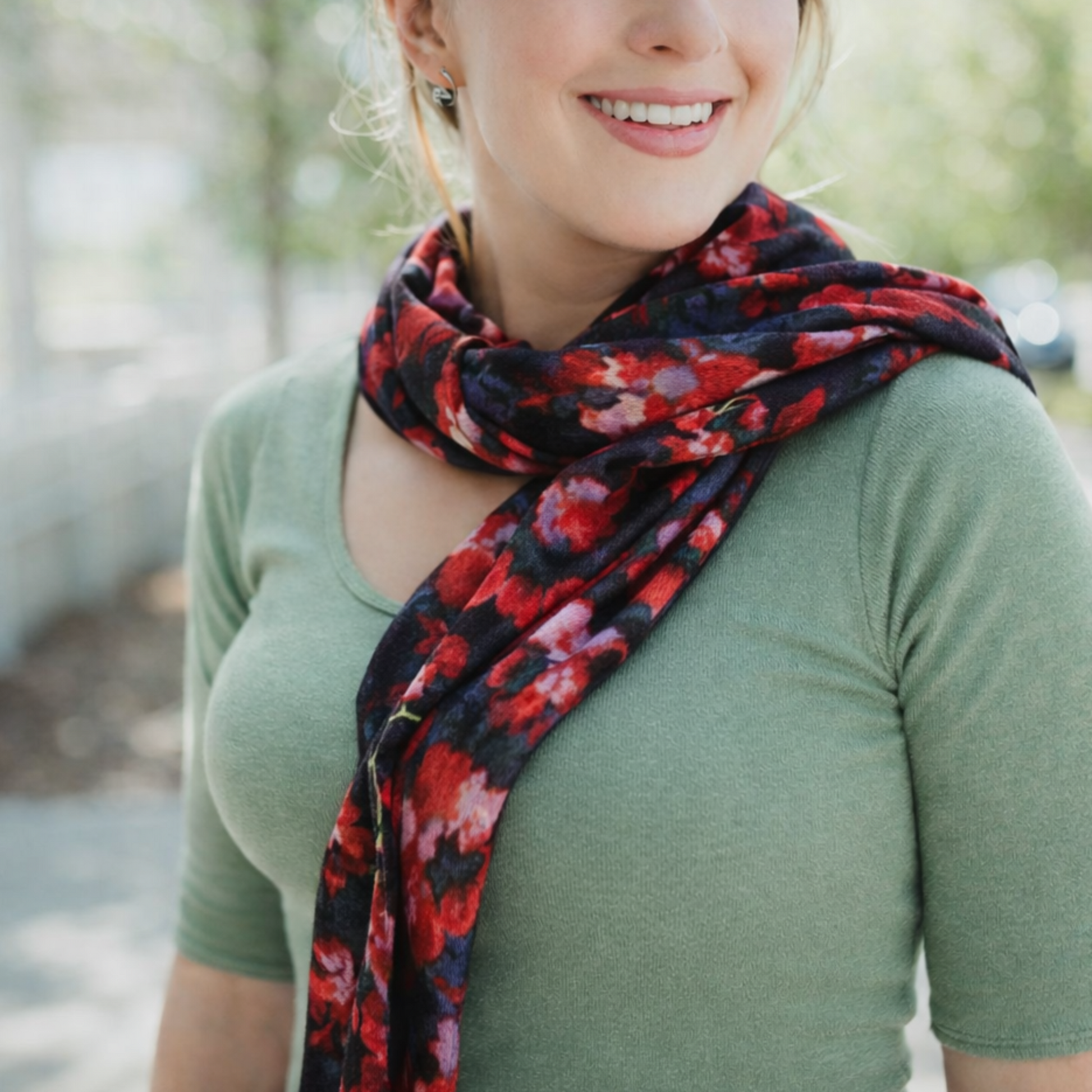 Woman wearing a floral scarf outdoors