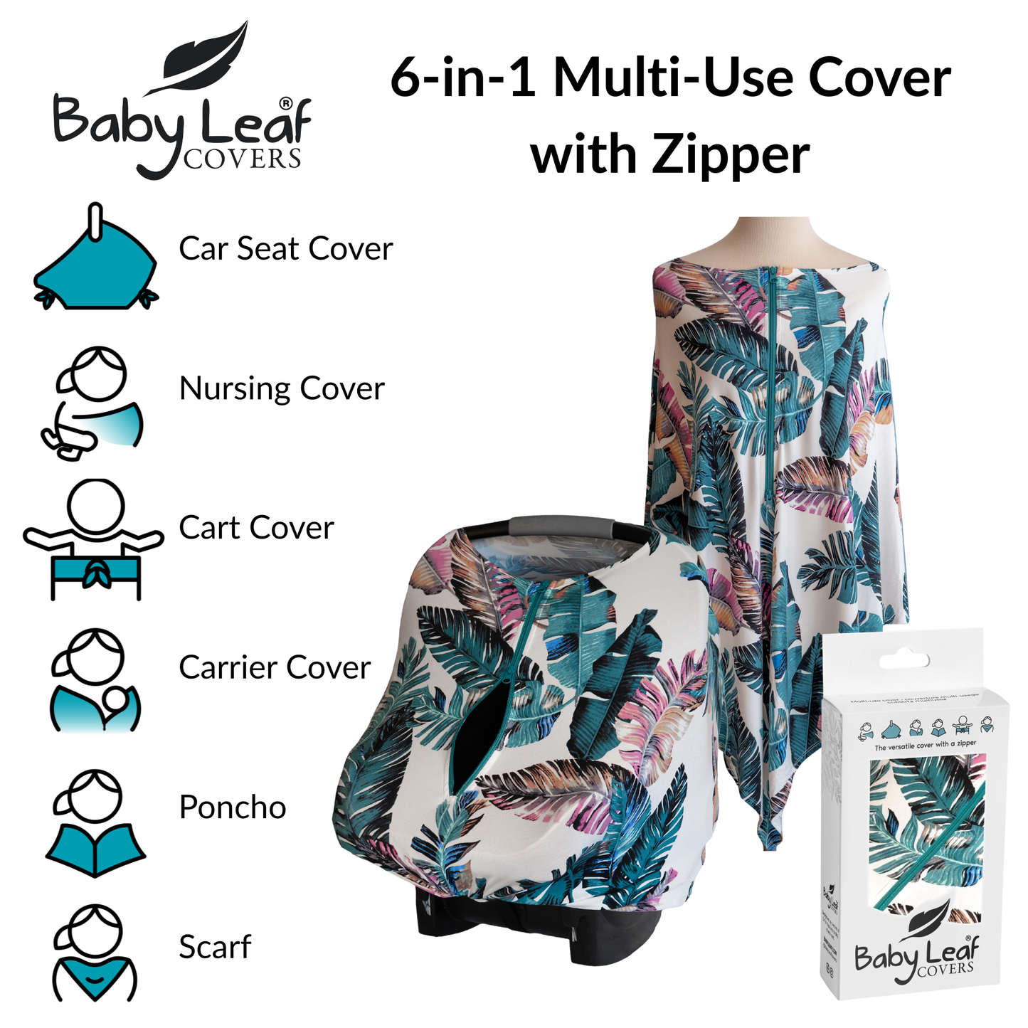 Palm Leaf Baby Car Seat Cover with Zipper | Multi-Use Nursing Cover