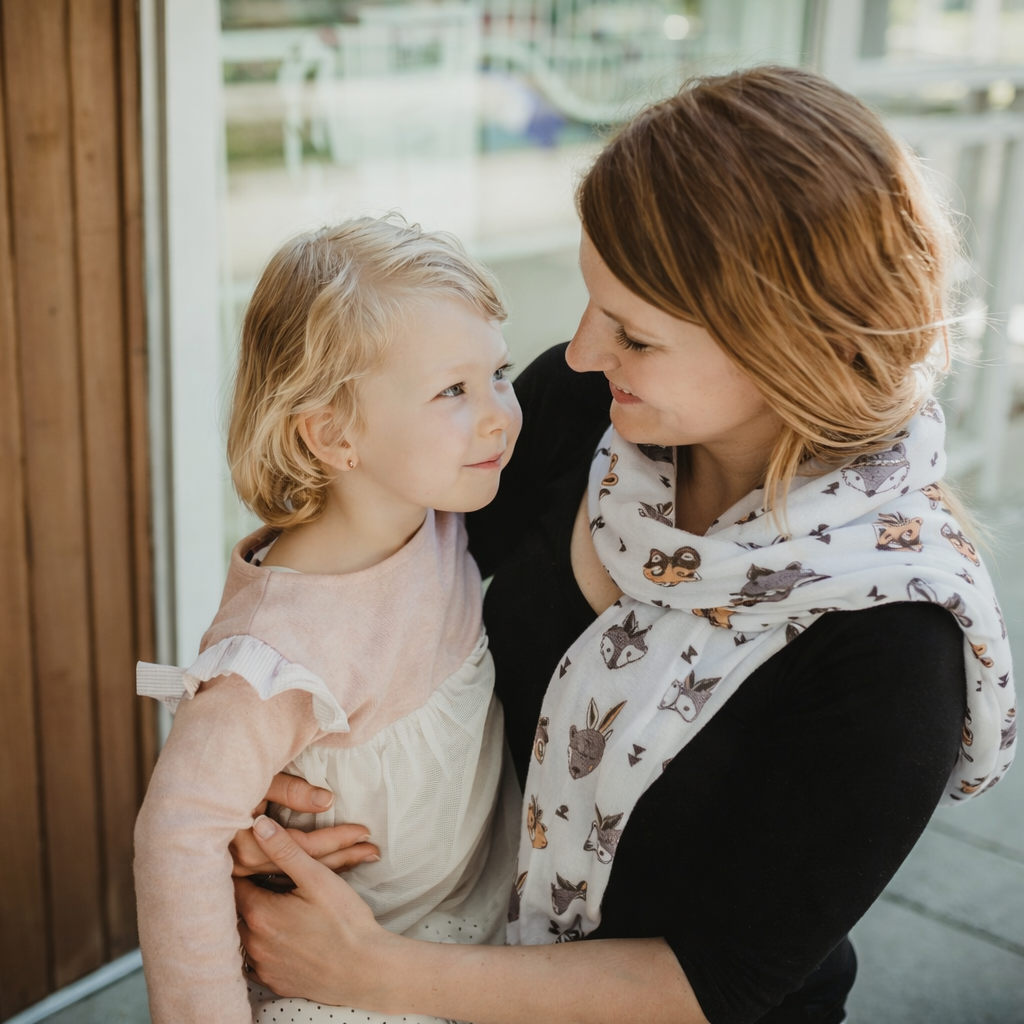 mom wearing cute scarf with child