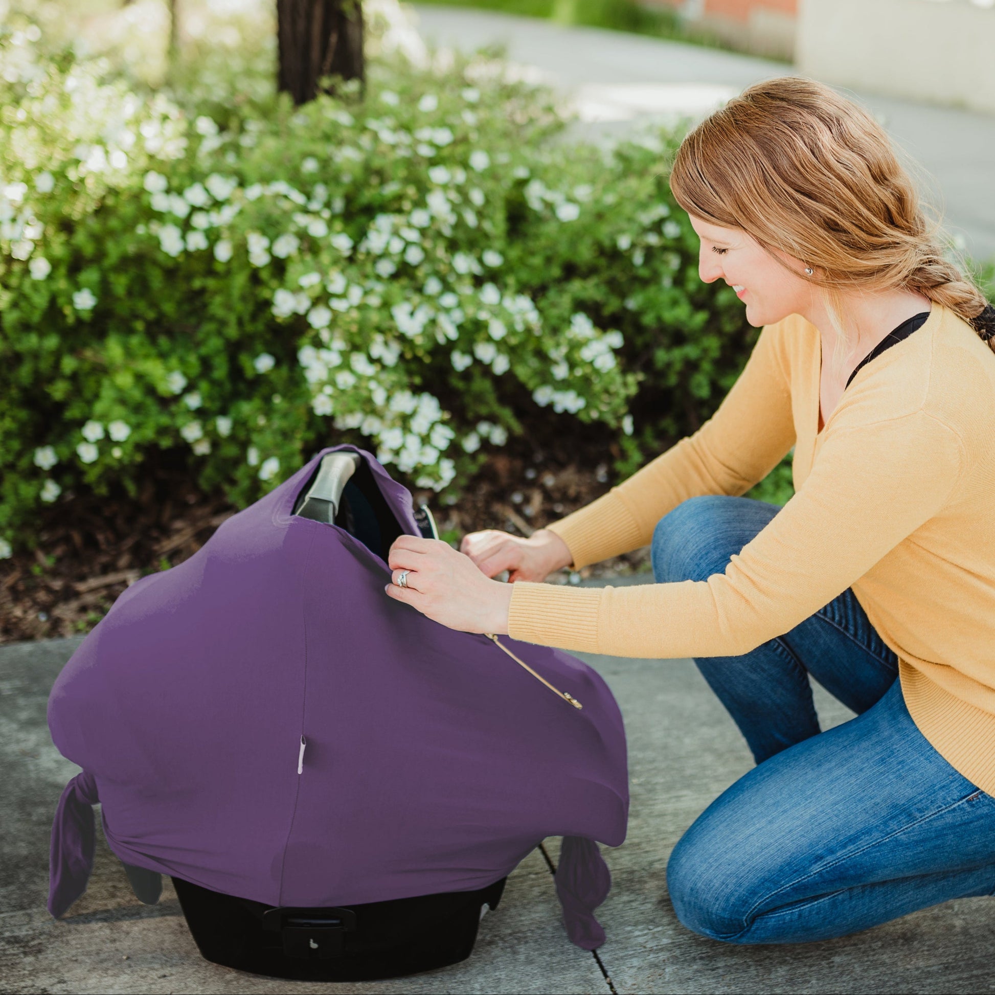 new mom with Purple Baby Leaf Car Seat Cover